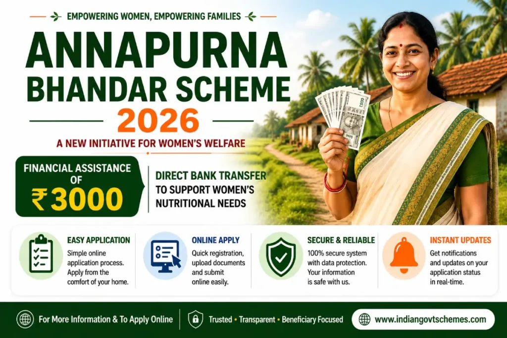 West Bengal Annapurna Bhandar Scheme launch banner featuring Chief Minister Suvendu Adhikari delivering financial assistance to women.