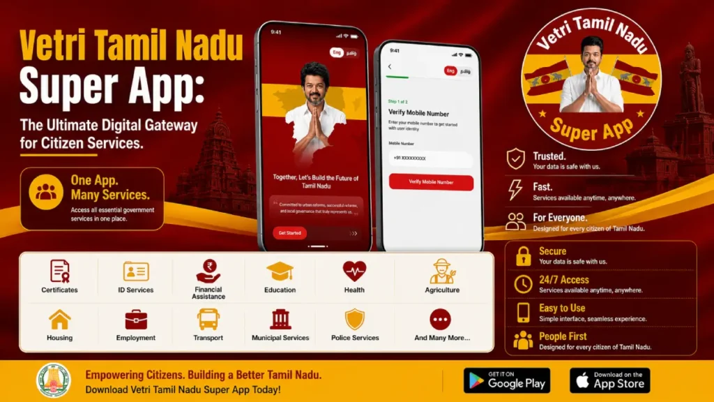 Vetri Tamil Nadu Super App download layout banner on mobile screen with citizen services
