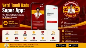Vetri Tamil Nadu Super App download layout banner on mobile screen with citizen services