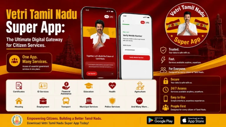Vetri Tamil Nadu Super App download layout banner on mobile screen with citizen services